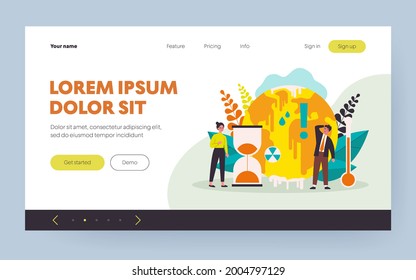 Tiny people worrying about ice melting on planet flat vector illustration. Hot climate change with temperature rising and greenhouse effect anomaly. Disaster and weather cataclysm concept