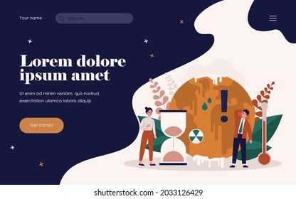 Tiny people worrying about ice melting on planet flat vector illustration. Hot climate change with temperature rising and greenhouse effect anomaly. Disaster and weather cataclysm concept