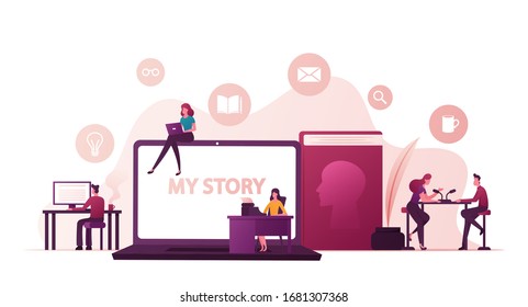 Tiny People Writing Biography front of Huge Laptop with My Story Inscription. Radio Host Interviewing Famous Person in Studio, Woman Printing on Typewriter, Book with Head. Cartoon Vector Illustration