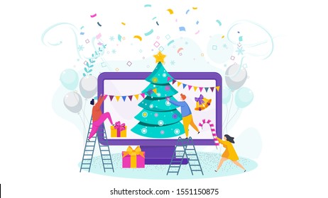 Tiny people, young men and women decorate a Christmas tree on computer screen. Concept greeting card for Merry Christmas and Happy New Year. Illustration for flyer and booklet, brochure and website.