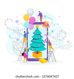 Tiny people, young men and women decorate Christmas tree on mobile screen. Making mobile version of website for New Year holidays. Merry Christmas and Happy New Year. Flat vector Illustration.