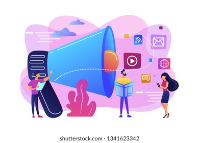 Tiny peple, marketing manager with megaphone and push advertising. Push advertising, traditional marketing strategy, interruption marketing concept. Bright vibrant violet vector isolated illustration