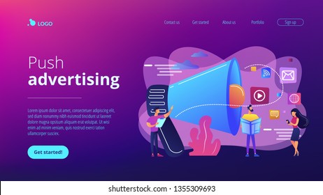 Tiny peple, marketing manager with megaphone and push advertising. Push advertising, traditional marketing strategy, interruption marketing concept. Website vibrant violet landing web page template.
