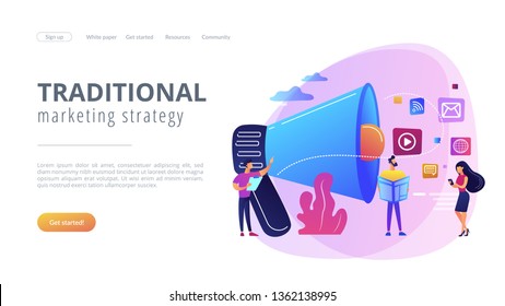 Tiny peple, marketing manager with megaphone and push advertising. Push advertising, traditional marketing strategy, interruption marketing concept. Website vibrant violet landing web page template.