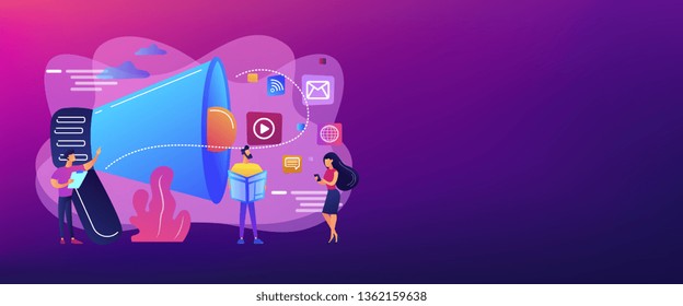 Tiny peple, marketing manager with megaphone and push advertising. Push advertising, traditional marketing strategy, interruption marketing concept. Header or footer banner template with copy space.