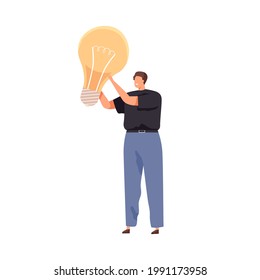 Tiny person with big light bulb as symbol of creative idea. Man and lightbulb. Concept of creativity, solving problems, finding answers. Colored flat vector illustration isolated on white background