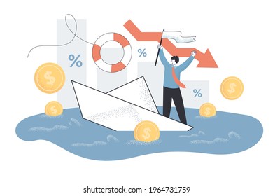 Tiny person with business problems. Down arrow, company failure, loss and debt flat vector illustration. Bankruptcy, economy, financial crisis concept for banner, website design or landing web page