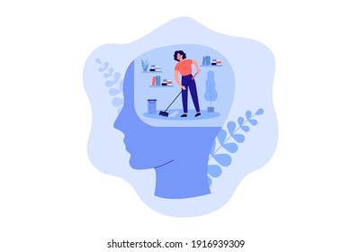 Pequeña persona limpiando el espacio dentro de la cabeza humana, el piso de dopaje. Persona trabajando en la mente clara y la metáfora de la desintoxicación mental. Ilustración vectorial para la mejora de la salud mental, la sanidad, el concepto de autocuidado