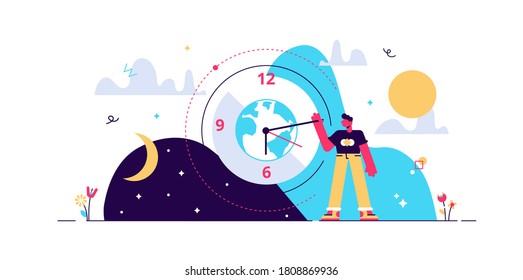 Tiny person, Daytime cycle flat vector illustration concept. Natural planet movement around the sun. Daily morning till evening routine. Healthy human Circadian sleep rhythm system. Earth science and astrology