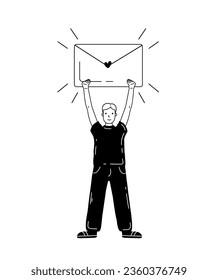 Tiny person getting message. A tiny man is holding huge envelope with heart. Email, e-mail correspondence, newsletter concept. Romantic email. Doodle vector illustration isolated on white background