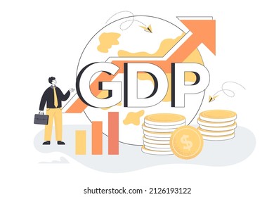 Tiny person with gross domestic product symbol and globe. Character measuring government wealth, budget growth chart, product value flat vector illustration. Economy, inflation, GDP concept for banner