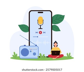 Tiny person with headphones and laptop beside a giant mobile phone and radio, illustrating podcasting, broadcasting, and digital media in vector illustration.