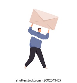 Tiny person holding big closed envelope with paper letter. Concept of email message sending and receiving. Man delivering mail. Flat vector illustration isolated on white background