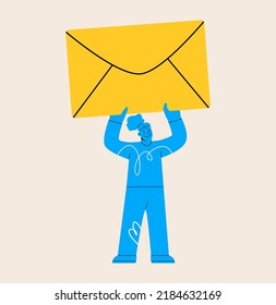 Tiny person holding big closed envelope with paper letter. Concept of email message sending and receiving. Woman delivering mail. Vector illustration