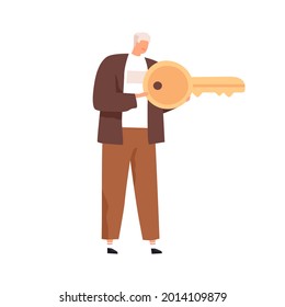 Tiny person holding big golden key to success. Concept of solving problems, finding solutions in business. Man unlocking secrets. Colored flat vector illustration isolated on white background