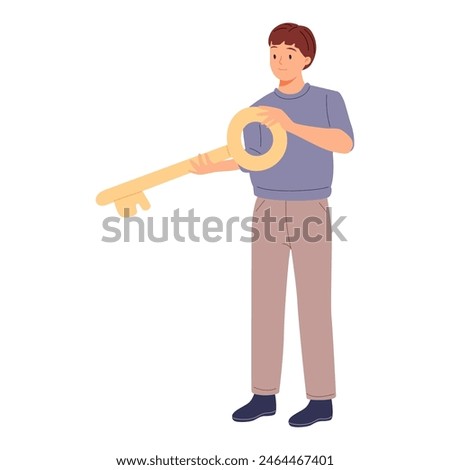 Tiny person holding big golden key to success. Concept of solving problems, finding solutions in business. Man unlocking secrets. Colored flat vector illustration isolated on white background