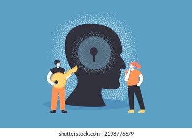 Tiny person holding key to keyhole in brain of abstract head. Man and woman opening lock flat vector illustration. Psychology, philosophy concept for banner, website design or landing web page
