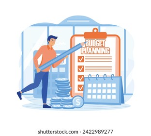 Tiny person planning budget. Man calculating tax and expenses, making financial checklist. flat vector modern illustration 