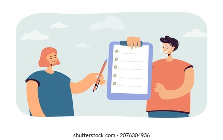 Tiny person with questionnaire offering to fill in it to woman. Man holding clipboard with checklist flat vector illustration. Completing form concept for banner, website design, landing web page