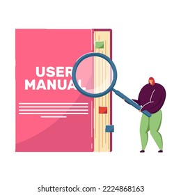 Tiny person reading user manual. Man with magnifier using guidebook or instructions flat vector illustration. Guide, manual concept for banner, website design or landing