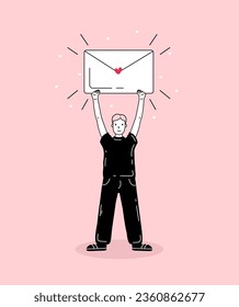 Tiny person send message with red heart. Small man holding big closed envelope with paper letter. Concept of email message sending and receiving. Man delivering mail. Vector illustration in flat style