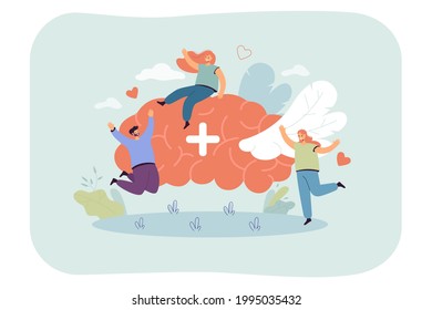 Pequeña persona sentada en un cerebro saludable con alas. Gente con mente feliz ilustración vectorial plana. Pensamiento positivo, filosofía, concepto de salud mental para banner, diseño de sitios web o página web de inicio