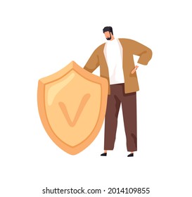 Tiny person standing with safe shield as symbol of defense and secure. Concept of cyber safety and privacy. Man defending and protecting data. Flat vector illustration isolated on white background