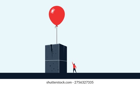 Tiny person watches a massive stone block being lifted into the air by a single red balloon against the sky.