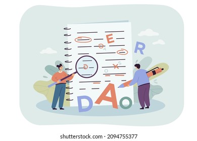 Tiny persons correcting grammar and punctuation errors in text. Mistake correction in school or college flat vector illustration. Education concept for banner, website design or landing web page