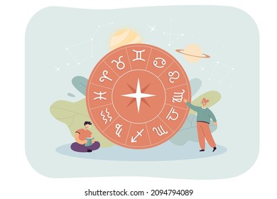 Tiny persons and horoscope circle with zodiac signs. Stars, constellations and planets in sky flat vector illustration. Astrology, astronomy concept for banner, website design or landing web page