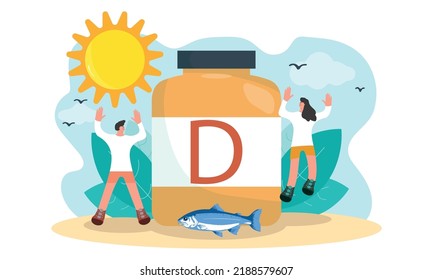 Kleine Menschen mit einer riesigen Flasche Vitamin D. Sonne, Menschen mit Nährstoffen oder Nahrungsergänzungen gegen Mangel an gesunder Haut und Wohlbefinden flache Vektorgrafik. Gesundheit, Pflege, Lebensmittelkonzept für Banner.