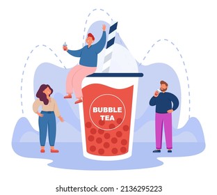 Tiny persons with huge plastic cup of bubble tea. People drinking milk drink with boba balls, fruit flavor flat vector illustration. Summer, beverage concept for banner, website design or landing page