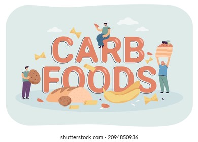 Señales de pequeñas personas con dieta insalubre y alimentos carbosos. Deliciosa comida de trigo, tentempiés o ilustración vectorial plana de chatarra. Alimentación, nutrición, concepto de salud para banner, diseño de sitios web o página web de aterrizaje