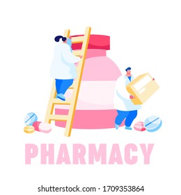 Tiny Pharmacist Characters Climbing on Huge Medicine Bottle with Drug Pills and Tablets. Pharmacy, Drugstore Worker with Remedy Production Box Poster Banner Flyer. Cartoon People Vector Illustration svg