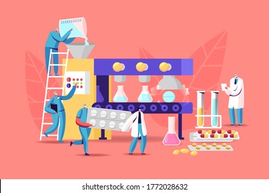 Tiny Pharmacist Characters At Huge Production Line Machine Conveyor Belt With Glass Beakers And Pills, Pharmaceutical Industry Medical Drugs Producing At Factory. Cartoon People Vector Illustration