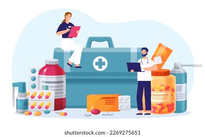 Tiny pharmacist, doctor with tablet and pill. Vector of pharmacist, pharmacy prescription, drug to treatment, tablet for health, painkiller medication illustration