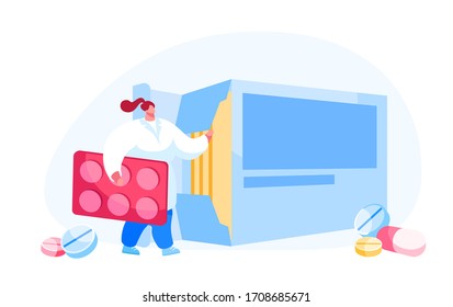 Tiny Pharmacist Female Character Hold Huge Pills Blister at Box with Medication in Pharmacy or Drugstore. Woman Chemist or Doctor with Remedy Pack. Health Care Concept. Cartoon Vector Illustration