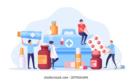 Tiny pharmacist with medicine drug pill, vitamin and bottle. Online pharmacy or drugstore with antibiotic. People healthcare vector concept. First aid box with tablets and remedy against illnesses