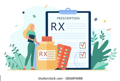Tiny pharmacist standing near RX prescription flat vector illustration. Cartoon pharmaceutical specialist recommending painkillers to patient. Pharmacy and drugs concept