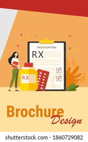 Tiny pharmacist standing near RX prescription flat vector illustration. Cartoon pharmaceutical specialist recommending painkillers to patient. Pharmacy and drugs concept