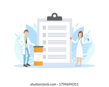 Tiny Pharmacists Doctors Standing Next Huge Clipboard with Prescriptions Vector Illustration