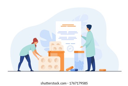 Tiny pharmacists with RX prescription and drugs isolated flat vector illustration. Pharmaceutical patent for medications and painkillers. Pharmacy and medicine concept