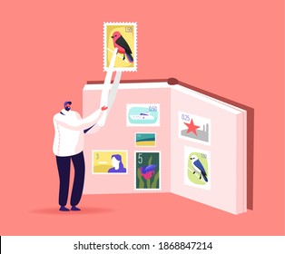 Tiny Philatelist Male Character Holding Huge Stamp in Tweezers near Album with Collection. Man Collecting Postal Stamps. Philately Hobby, Rarity Postmarks Examine. Cartoon Vector Illustration