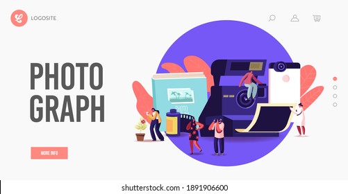 Tiny Photographers at Huge Photo Camera Landing Page Template. Creative Professional Occupation. Characters Photographing Take Photo Shot. Creative Hobby, Traveling. Cartoon People Vector Illustration