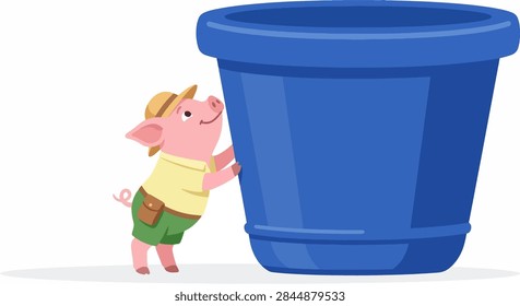 Tiny Piglet Exploring an Enormous Blue Flowerpot