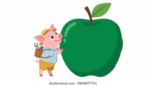 Tiny Piglet Exploring an Oversized Glossy Green Apple