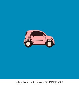 Tiny pink car. Side view. Colored isolated Icon. Logo, print template. Automobile, Vehicle, motor transport concept. Cartoon style. Hand drawn trendy Vector illustration