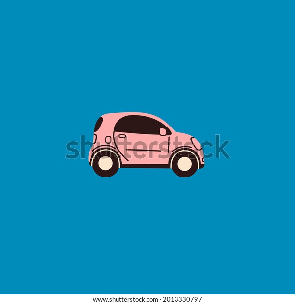 Tiny pink car. Side\
view. Colored isolated Icon. Logo, print template. Automobile,\
Vehicle, motor transport concept. Cartoon style. Hand drawn trendy\
Vector illustration