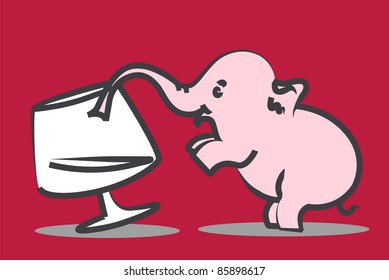 Tiny pink elephant drinks alcohol - this design is a take on the euphemism for "if you're seeing pink elephants, you have had too much to drink" - vector
