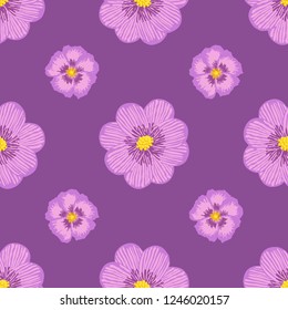 Tiny pink flowers on purple floral motif. Bright colours exotic flower design. Minimal allover vector pattern for interior, wallpaper, fabric, textile, phone case. Retro colourful seamless folk print